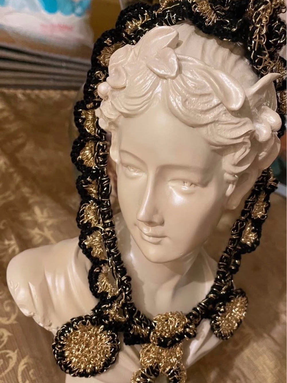 Elegant Black and Gold Braided Medallion Necklace